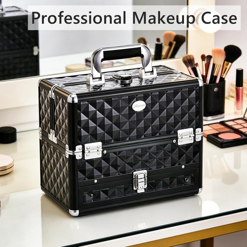 Joligrace Makeup Train Cases Professional Travel Makeup Cosmetic Cases Organizer Portable Box with Drawer Black - Image 2